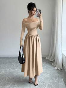 SHEIN Unity Women's Solid Color Off-Shoulder Long Sleeve Ruffle Fashion Elegant Dress - Khaki - View 1