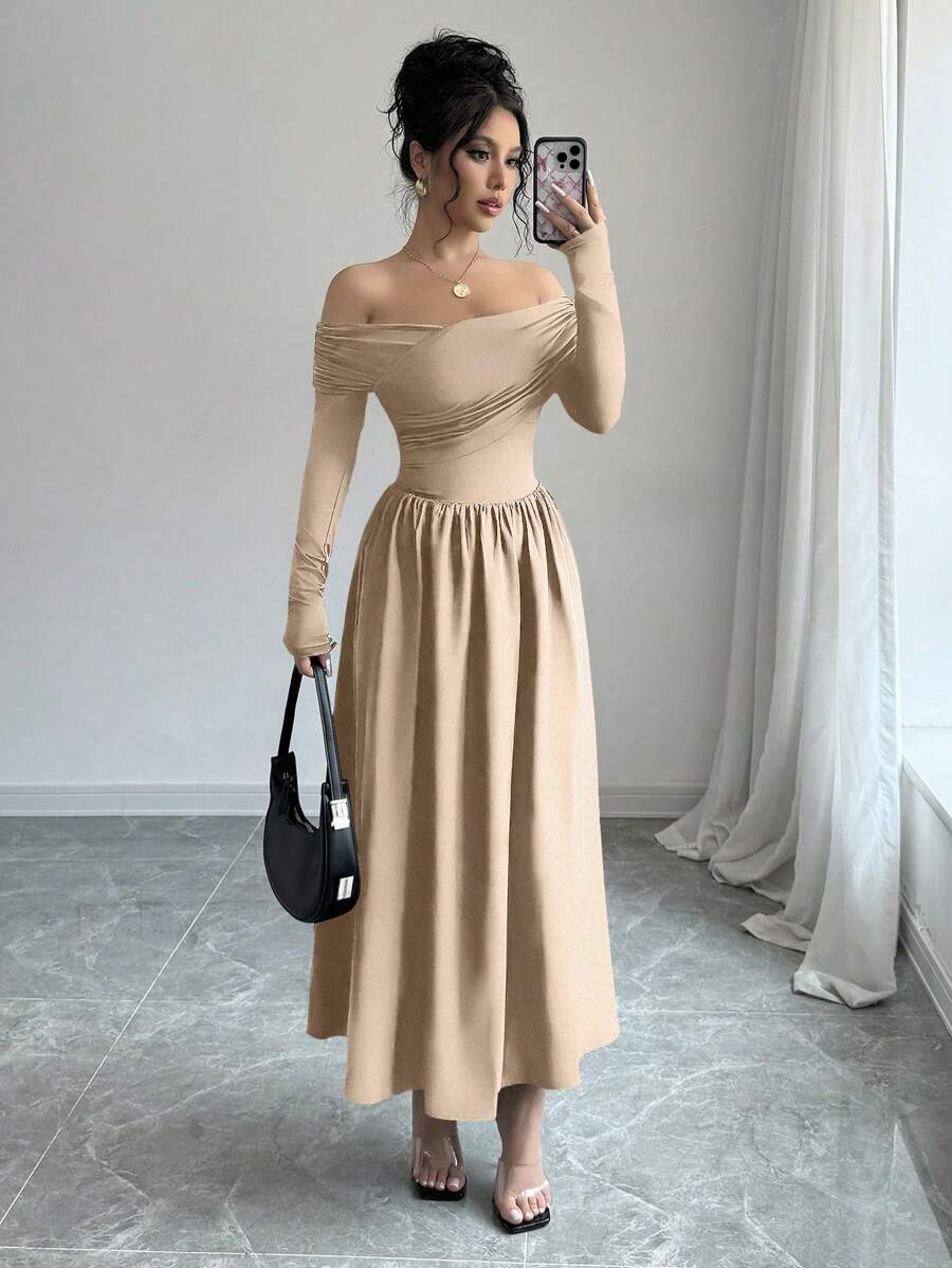 SHEIN Unity Women's Solid Color Off-Shoulder Long Sleeve Ruffle Fashion Elegant Dress - Khaki - View 1