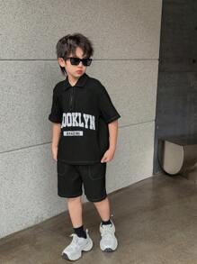 Tween Boy Casual Loose Korean Style Solid Color Letter Print Short Sleeve Polo Shirt With Drawstring Waist Shorts Set, Suitable For Spring/Summer Daily Wear, School, Travel And Sports