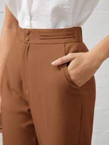 BizChic 女士棕色腰带条纹斜口袋亚麻纽扣休闲裤，浪漫优雅日常时尚百搭商务休闲装，复古风格女士西装，办公室穿着 - 棕色 - 查看 3