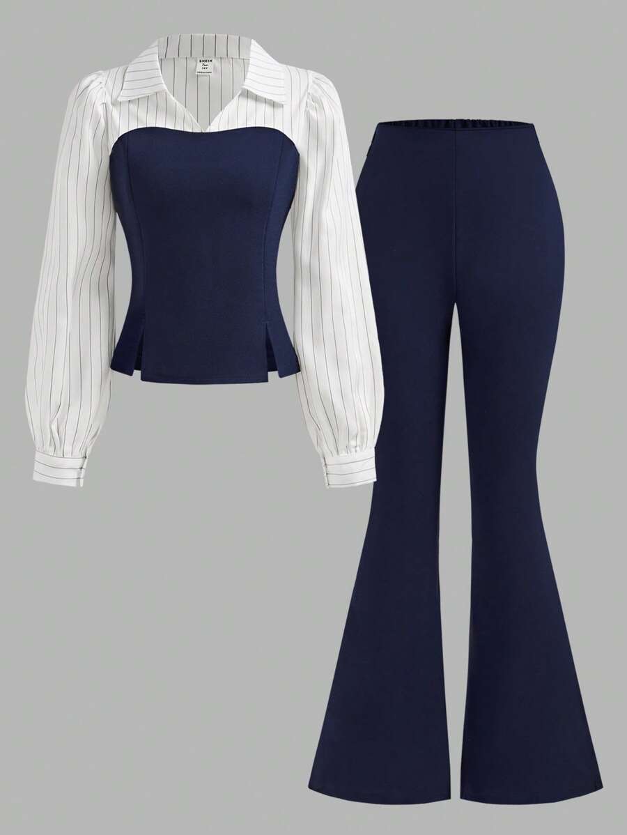 Sparklyn 2pcs/Set Teenage Girls Elegant Casual Striped Chiffon Patchwork Shirt Blouse And Black Skinny Flared Pants Set, Spring & Autumn - Royal Blue - View 1