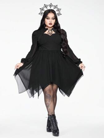 Goth Vestido de mujer talla grande de muselina negra con mangas de farol, bajo asimétrico