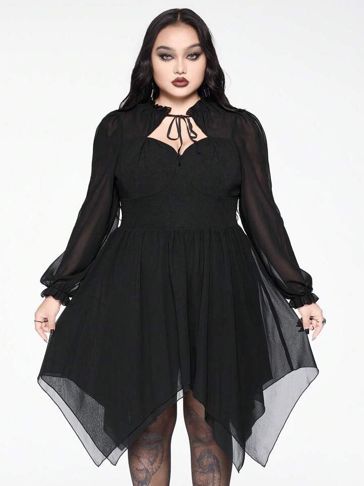 Our Goth Plus Size Women's Black Chiffon Bubble Lantern Sleeve Asymmetrical  Hem Dress is such a vibe - ROMWE