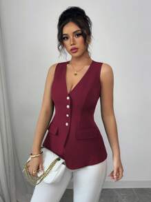 Elenzga Áo sơ mi nữ không tay thời trang xuân hè thanh lịch tinh tế, áo sơ mi không tay cổ chữ V cài nút ngọc trai màu trơn có ve áo, dáng ôm - Màu Đỏ Sâu - Xem 7