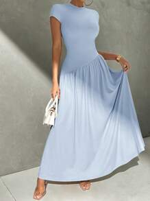 Firerie Đầm dài dáng chữ A không đối xứng màu trơn tay ngắn cổ đứng thanh lịch tối giản, eo cao, mặc hàng ngày đa năng - Màu xanh nhạt - Xem 3