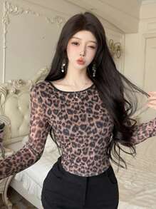 Modelyn Women's Leopard Print Mesh Strappy Back Long Sleeve Sexy T-Shirt - Coffee Brown - View 5