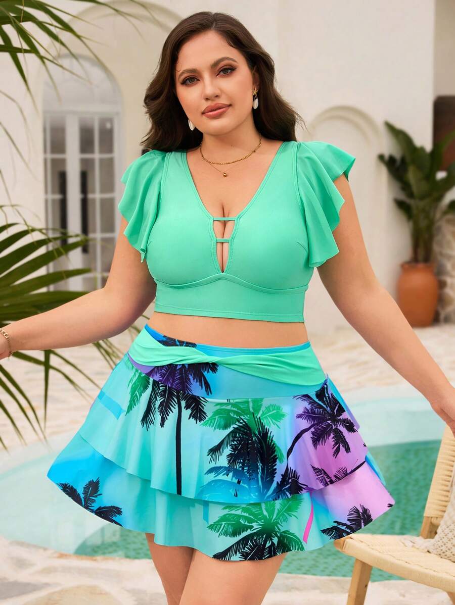 SHEIN Plus Size Coconut Tree Print Fabric Tankini Swimwear - Multicolor - View 1