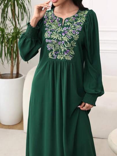 Al Najma Elegant Embroidery Patchwork Lantern Sleeve Long Dress,Modest