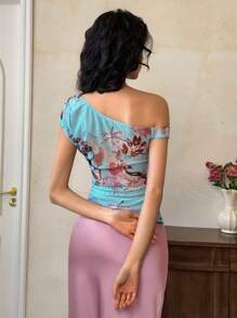 EastFlair Women's Elegant Floral Print Asymmetric Neck T-Shirt,Rave Top