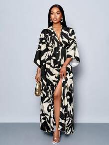 SOLERSUN 女士节日花卉印花 V 领长款优雅荷叶边袖荷叶边开叉大腿长裙，适合度假、约会和日常穿着