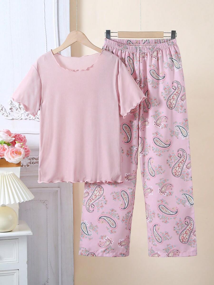 2pcs/Set Purple Solid Elegant Top & Purple Patterned Casual Pants, Teen Girl' Home Outfit - Red Violet - View 1