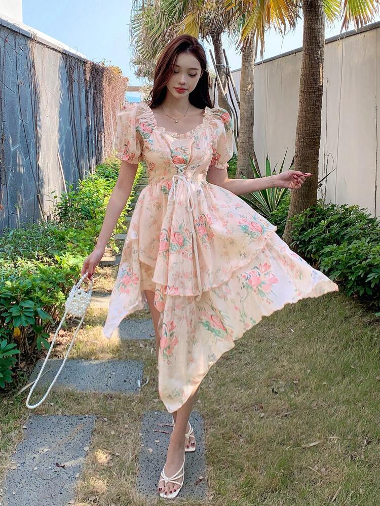 Women Ditsy Floral Cinched Waist Contrast Color Short Dress,Ruffle