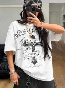 Coolane Camiseta blanca de corte oversize con estampado vintage grunge para mujer primavera verano