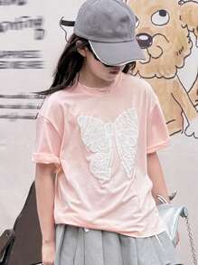 DAZY Tween Girl Round Neck Knit Short Sleeve Butterfly Print T-Shirt, Spring/Summer, Back To School Clothes - Pink - View 8