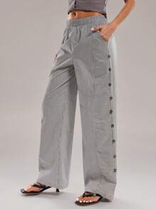 Forever 21 Spring New Elastic Waist Striped Straight Leg Casual Loose Women Pants - Black and White - View 4