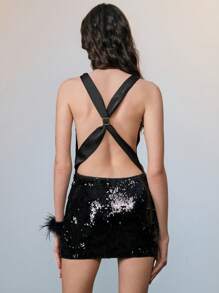 SHEIN LUNE Women's Shiny Sequin Knit Plunging Neck Hollow Out Sexy Mini Party Dress - Black - View 2