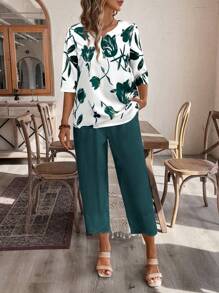EMERY ROSE Women Floral Print Blouse And 7/8 Pants Set,Summer Sets
