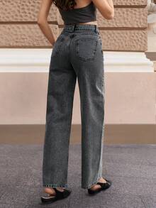Cottnline 100%Cotton Solid Straight Leg Slant Pocket Casual Jeans - Grey - View 2