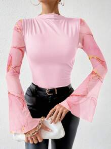 Chiquease 大理石印花拼接喇叭袖女式紧身衣，风格优雅