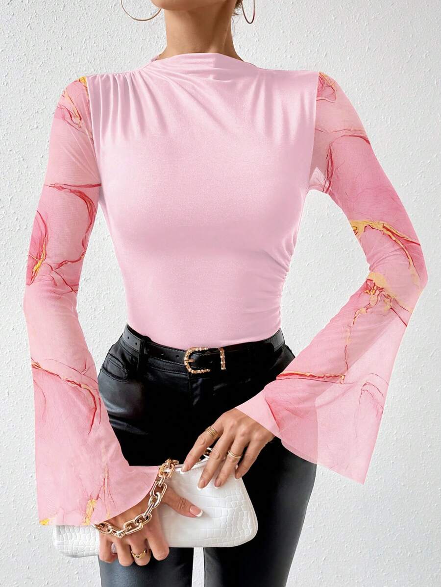 Chiquease 大理石印花拼接喇叭袖女式紧身衣，风格优雅