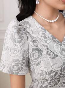 Modelyn 女士优雅提花泡泡袖长裙 - 灰色 - 查看 7