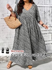 SHEIN CURVE+ Đầm Babydoll cổ chữ V tay ngắn họa tiết hoa rộng rãi cho nữ đi nghỉ mát cỡ lớn - màu đen - Xem 1