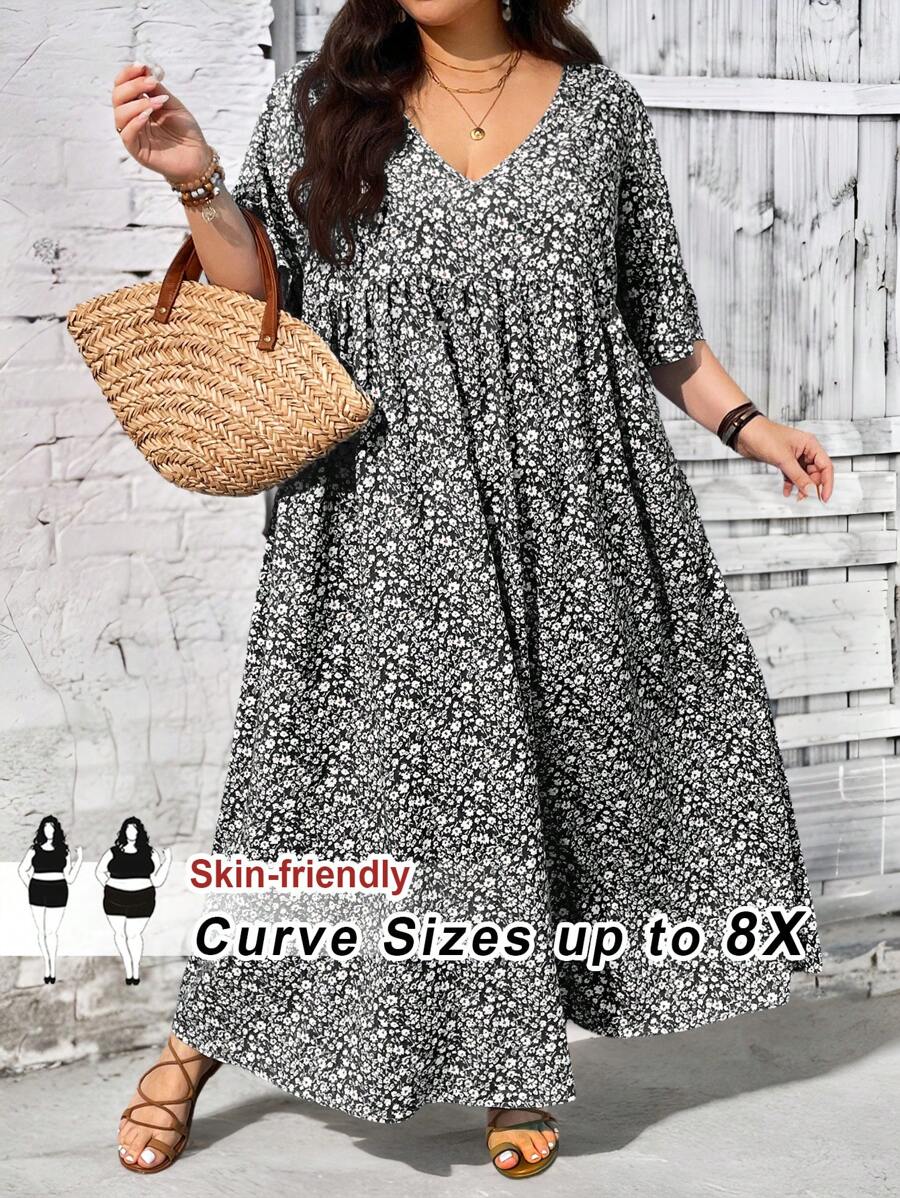 SHEIN CURVE+ Đầm Babydoll cổ chữ V tay ngắn họa tiết hoa rộng rãi cho nữ đi nghỉ mát cỡ lớn - màu đen - Xem 1