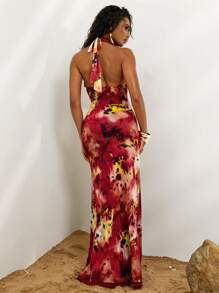 Opulessa Knit Mesh Print Slit Halter Backless Dress For Women - Red - View 2