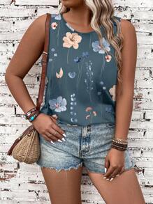 SHEIN VCAY Plus Size Floral Print Sleeveless Tank Top, Casual Style Suitable For Going Out - Blue - View 5