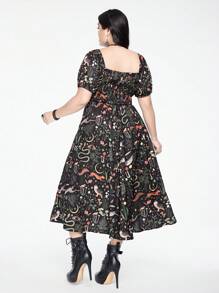 ROMWE Fairycore Plus Size Women Botanical Print Square Neck Puff Sleeve Split Hem Mid-Length Dress, Summer Outfit - Multicolor - View 6