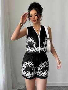 Selianne Set de 2 piezas de top de tirantes y shorts casuales de verano con estampado a contraste de color - Negro - Ver 6