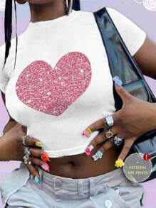 Calvaya Valentine's Day Heart Graphic Round Neck Short Sleeve Fashionable Plus Size T-Shirt - White - View 1