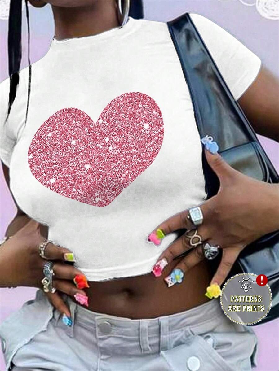 Calvaya Valentine's Day Heart Graphic Round Neck Short Sleeve Fashionable Plus Size T-Shirt - White - View 1