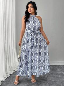 Elenzga Elegant Patterned Plus Size Dress, Spring/Summer - Blue - View 3