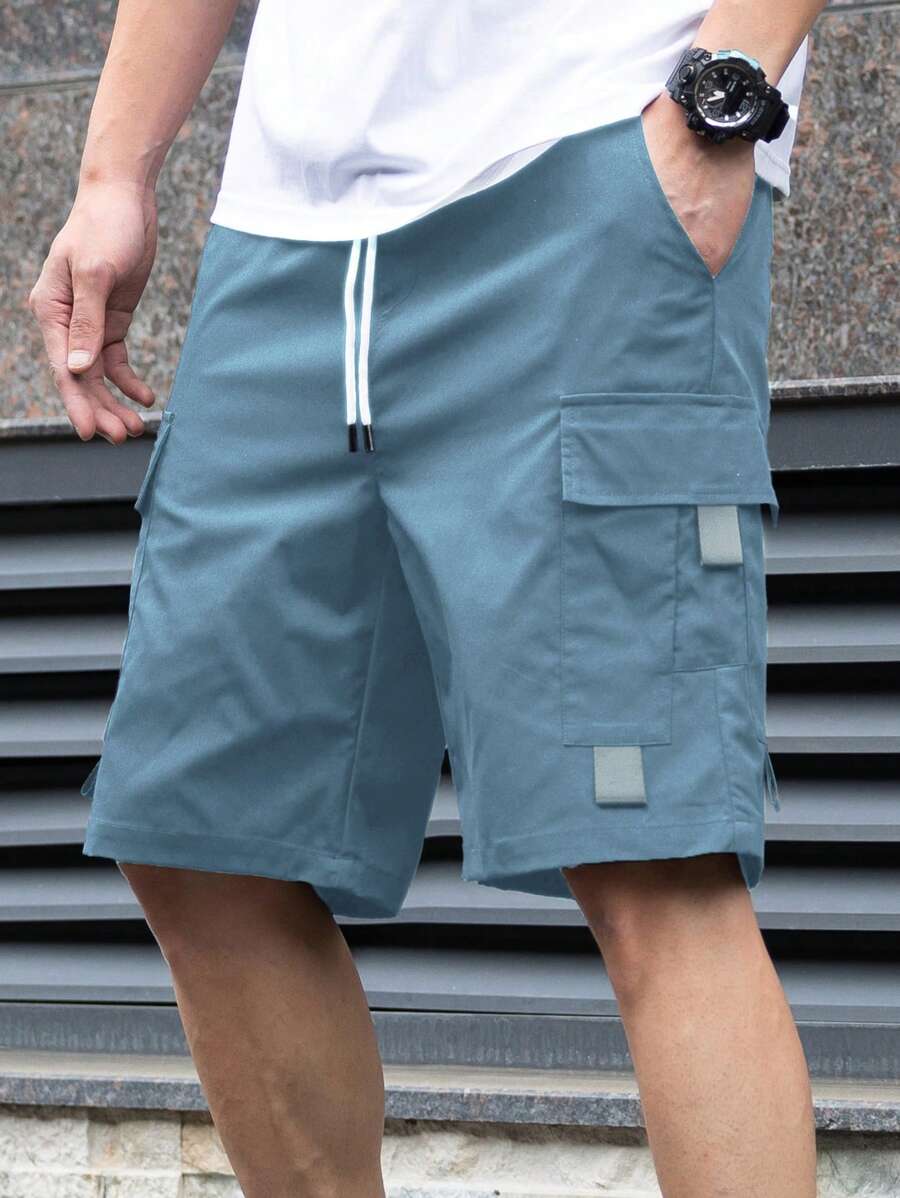 Manfinity Homme 男士时尚街头抽绳工作短裤，男士街头短裤，酷炫时尚，适合日常穿着，外出，会友，上学，聚会。可以作为送给男朋友，儿子的礼物 - 藍色 - 查看 1