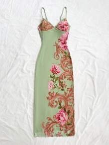 Soleia New Elastic Mesh Print Adjustable Spaghetti Strap Backless Dress, Elegant Resort Style,Spring Break, Saint Patrick,Easter Dress Women,Concert Outfit Women,Elegant,Vacation,Business Casual Woman ,Western,Cute,Boho,Country ,Modest,Streetwear,Tropical,Gyaru, Floral,Backless - Multicolor - View 4