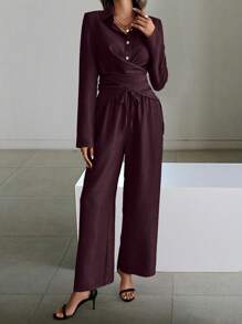 SHEIN Clasi Women 2pcs Set Front Button Long Sleeve Blouse And Pants, Minimalist Style Fall Cloth For Women - Maroon - View 4