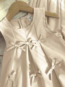 2pcs/Set Girls Purple Solid Elegant Design Pleated Bow Sleeveless Top And Loose Pleated Long Pants Outfit, Fashionable Summer Set Kids Elegant Dress Girl Elegant Dress Young Girl Birthday Dress - Champagne - View 3