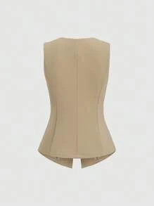 Sweetra French Minimalist Sleeveless Lightweight Women's Blazer Jacket With Metal Buttons - Khaki - View 2