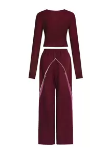 Women's Navy Blue Numeric Print Long Sleeve Crew Neck Top And Wide Leg Pants Loose Casual 2 Pieces Set - Burgundy - View 2
