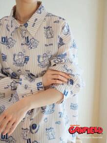 FRIFUL Garfield X FRIFUL Blusa suelta a rayas para mujer, ropa de verano informal, capa superior