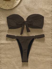 Swim Chiccia Bộ đồ bơi bikini 2 mảnh không dây màu trơn trang trí kim loại cho nữ mùa xuân, trang phục đi biển mùa hè tối giản - màu nâu - Xem 2