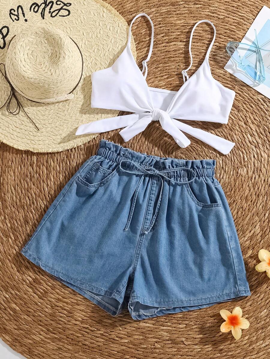 Soleia Women's High Waist Casual Denim Shorts, Blue Boho Chic Jean Shorts For Women Jorts Denim Shorts Women Shorts Women's Shorts Summer Vacation Woman Flowy Pants Biker Shorts Summer Beach Vacation Rave Country Concert Country Women Vacation Flowy Pants European Summer - Medium Wash - View 1