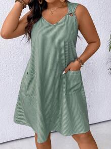 EMERY ROSE Plus Size Sleeveless Striped Casual Vacation Dress - Green - View 5