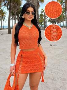 SHEIN SXY Minifalda de mujer de unicolor con diseño hueco y cruzado para la playa y vacaciones