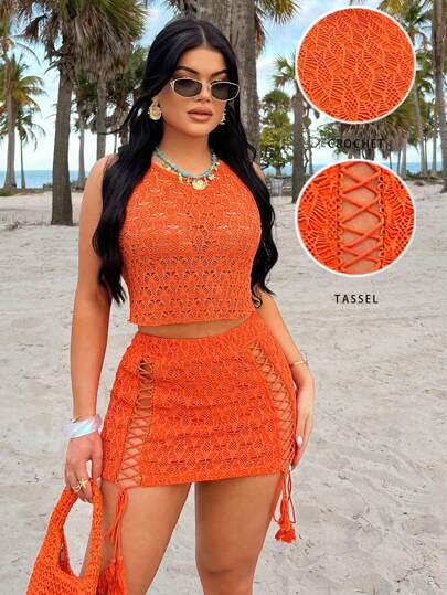 SHEIN SXY 女士纯色镂空交叉迷你裙，适合海滩和度假