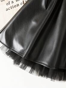 Genkimix Kids Young Girl A - Line PU Leather Skirt. The Hem Is Decorated With Net Lace Accessories. It's Comfortable, Stylish, Elegant, Sweet, And Cute, A Must - Have For Daily And Outings.