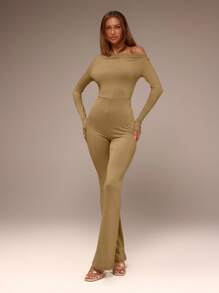 MUSERA Asymmetrical Shoulder Flared Jumpsuit Sexy Club Spring Summer Vacation Elegant - Camel - View 3