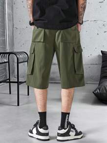 Manfinity Homme Pantalones cortos sueltos y casuales con bolsillo y nudo delantero simples para hombre, de uso diario - Verde militar - Ver 2