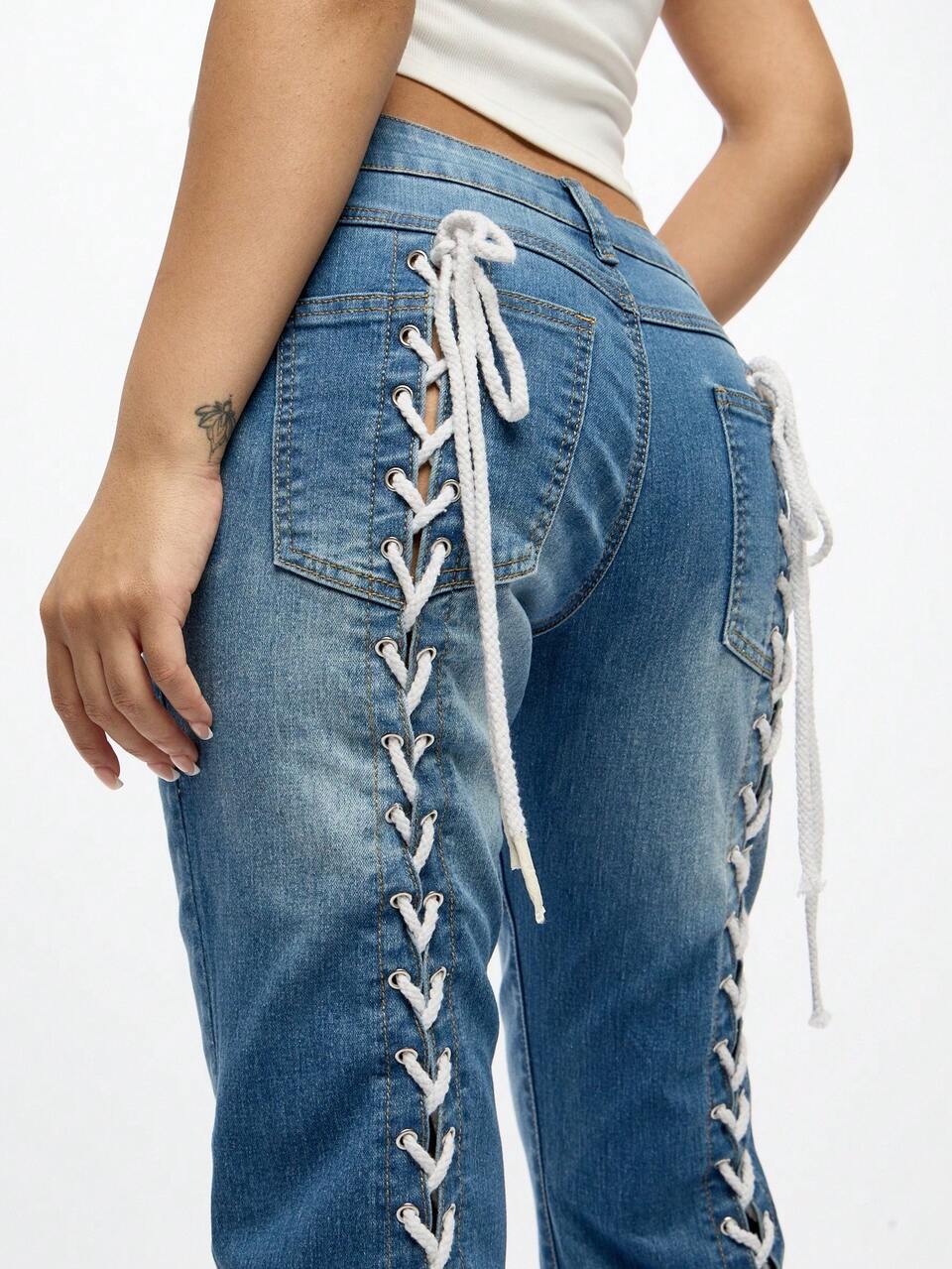 SUMWON WOMEN Y2K Lace-Up Corset Style Straight Leg Jeans